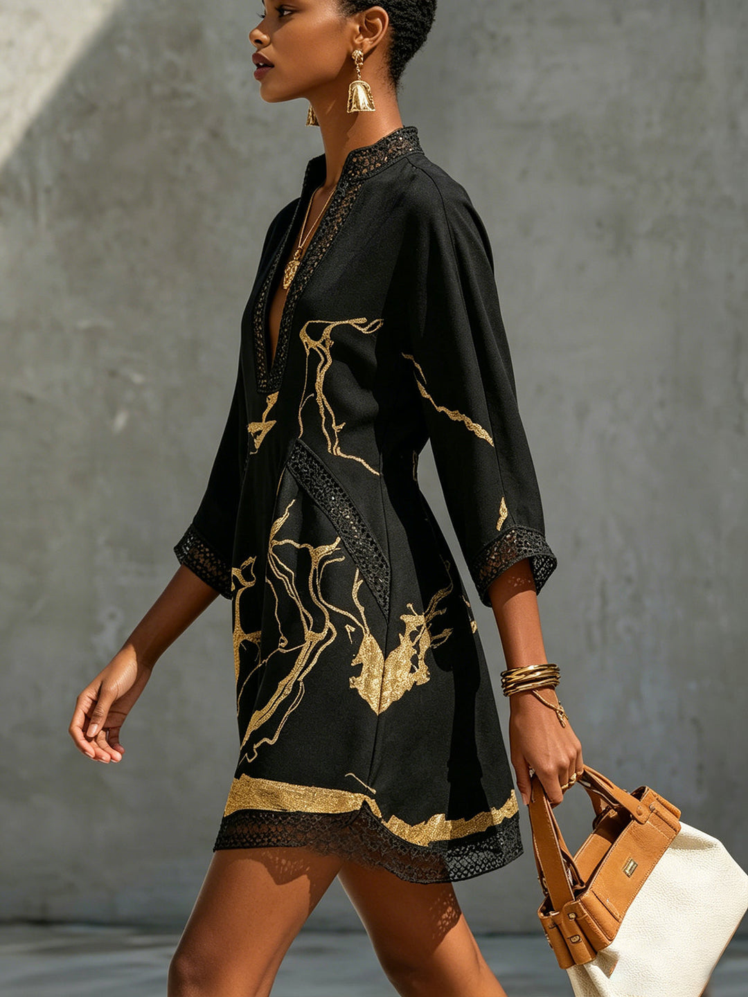 Emilia | Black Mini Dress with Gold Marble Print and Crochet Lace