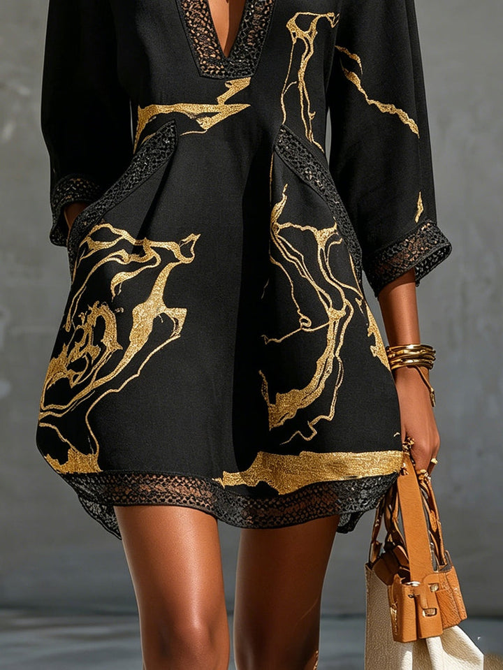 Emilia | Black Mini Dress with Gold Marble Print and Crochet Lace