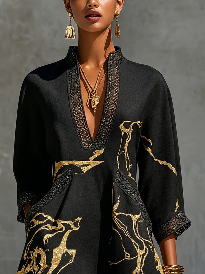 Maya | Black Crochet Lace Mini Dress with Gold Motifs and V-Neck