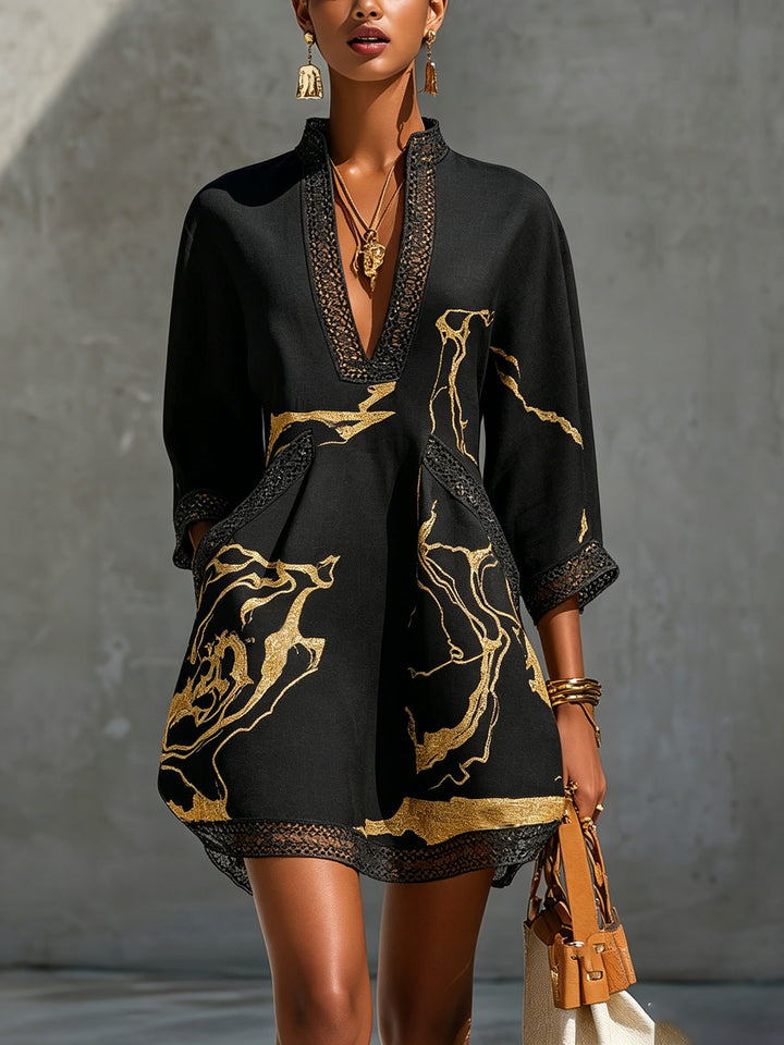 Emilia | Black Mini Dress with Gold Marble Print and Crochet Lace