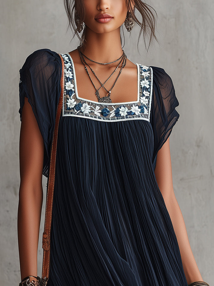 Grace | Pleated Satin Mini Dress with Navy Floral Embroidery