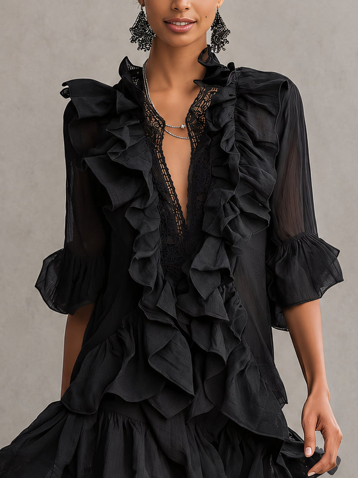Clara | Black Satin Ruffle Mini Dress