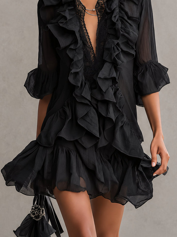 Clara | Black Satin Ruffle Mini Dress