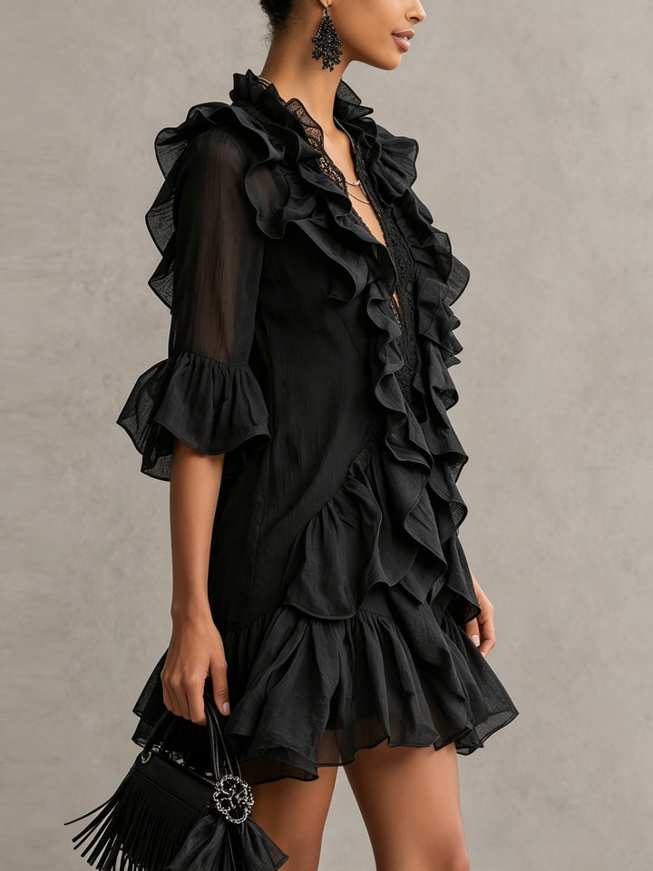 Clara | Black Satin Ruffle Mini Dress