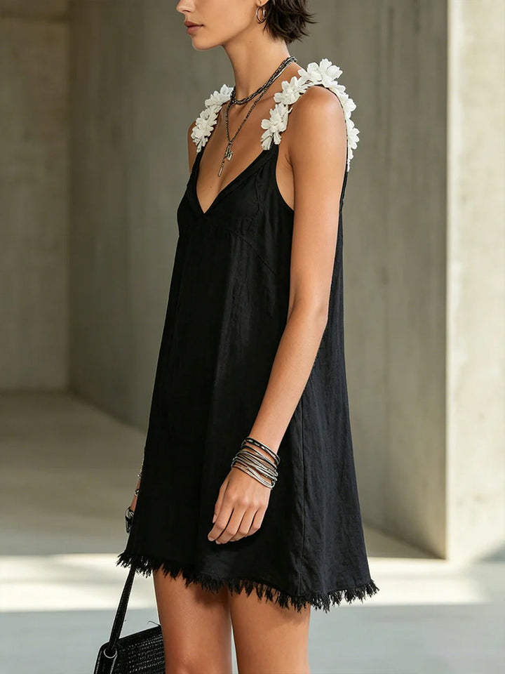 Edith | Black Mini Dress with V-Neck and Floral Straps