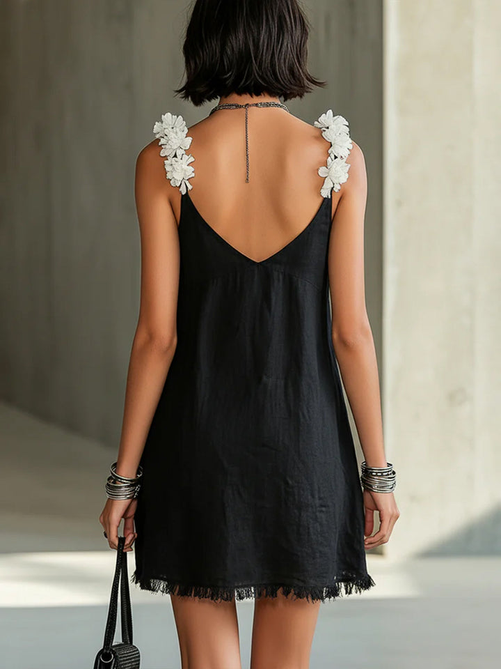 Edith | Black Mini Dress with V-Neck and Floral Straps