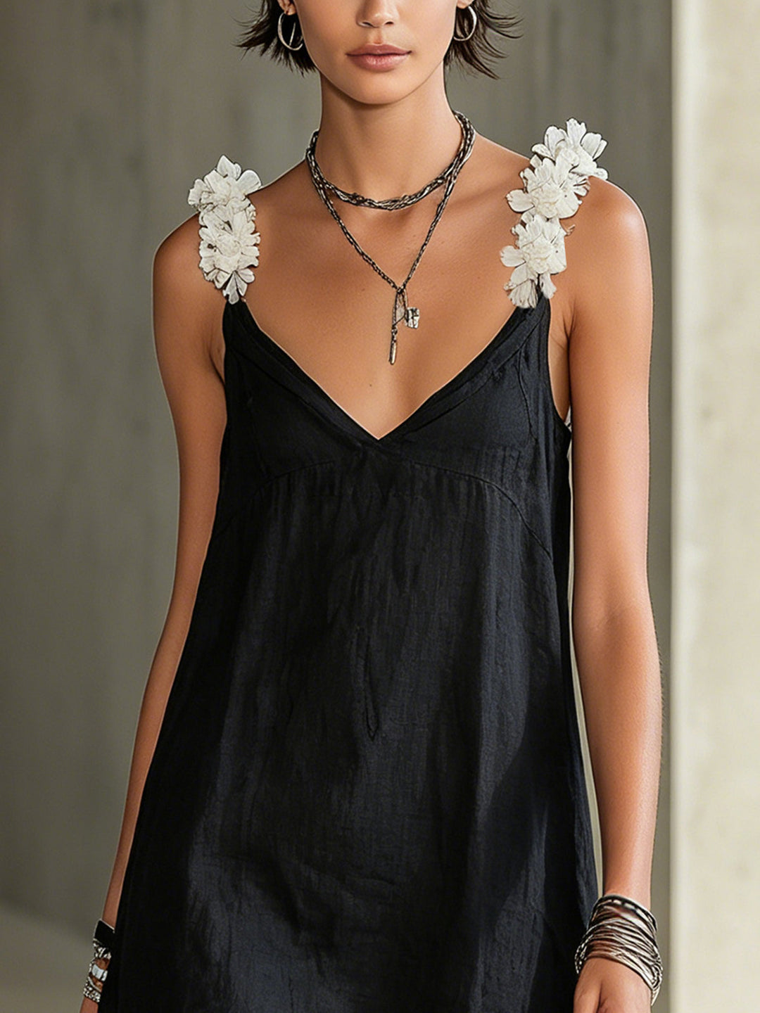 Edith | Black Mini Dress with V-Neck and Floral Straps