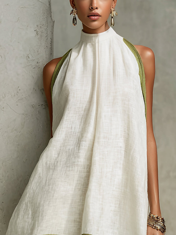 Elle | Sleeveless Floral Trapeze Mini Dress in White and Olive Green