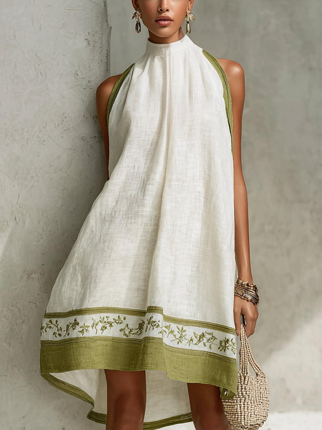 Elle | Sleeveless Floral Trapeze Mini Dress in White and Olive Green