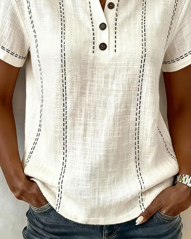 Linda | Casual Button V-Neck Tee