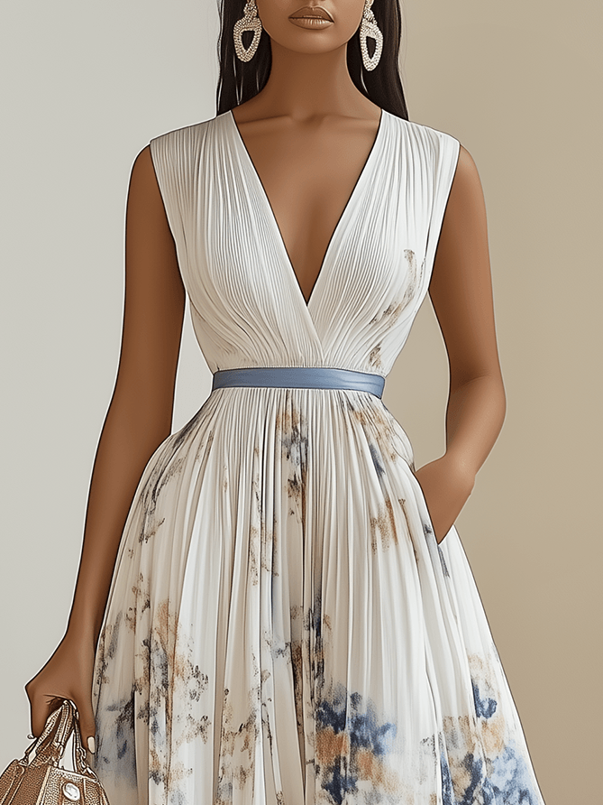 Chloe | Pleated Floral Chiffon Midi Dress, White