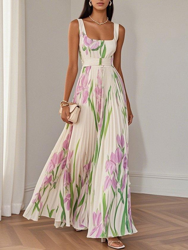 Marie | Pleated Floral Chiffon Maxi Dress, White