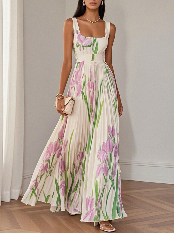 Marie | Pleated Floral Chiffon Maxi Dress, White