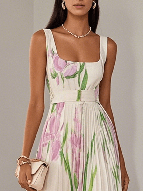 Marie | Pleated Floral Chiffon Maxi Dress, White