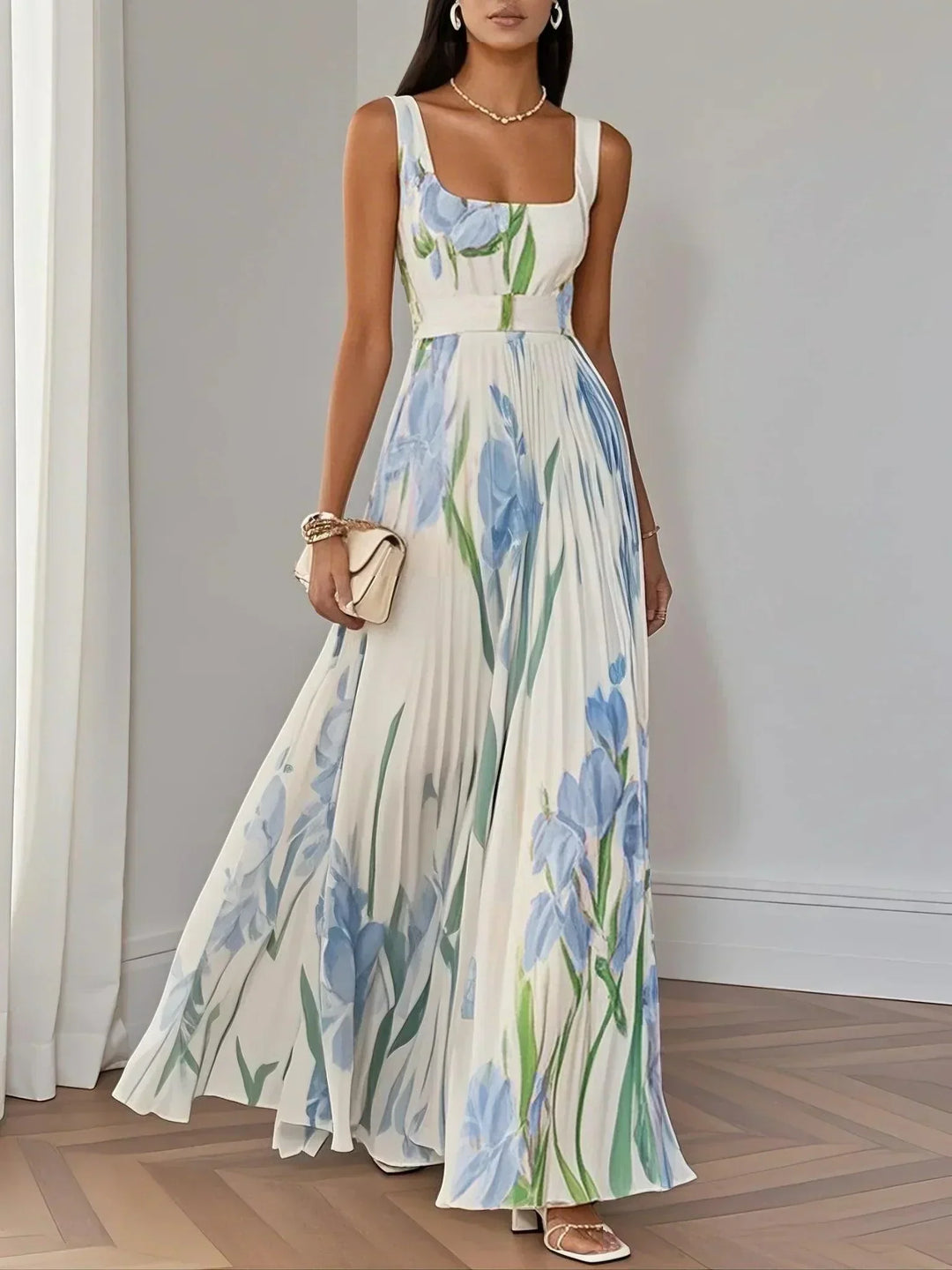 Marie | Pleated Floral Chiffon Maxi Dress, White