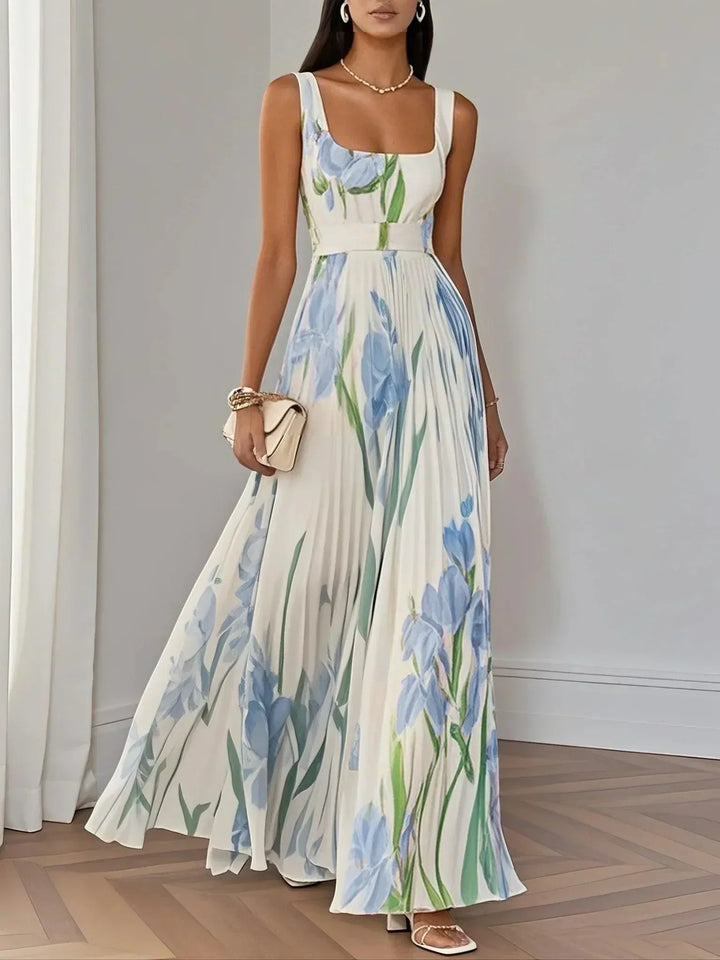 Marie | Pleated Floral Chiffon Maxi Dress, White