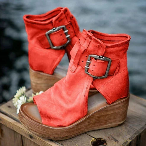 Rue | Open Toe Buckle Ankle Boots