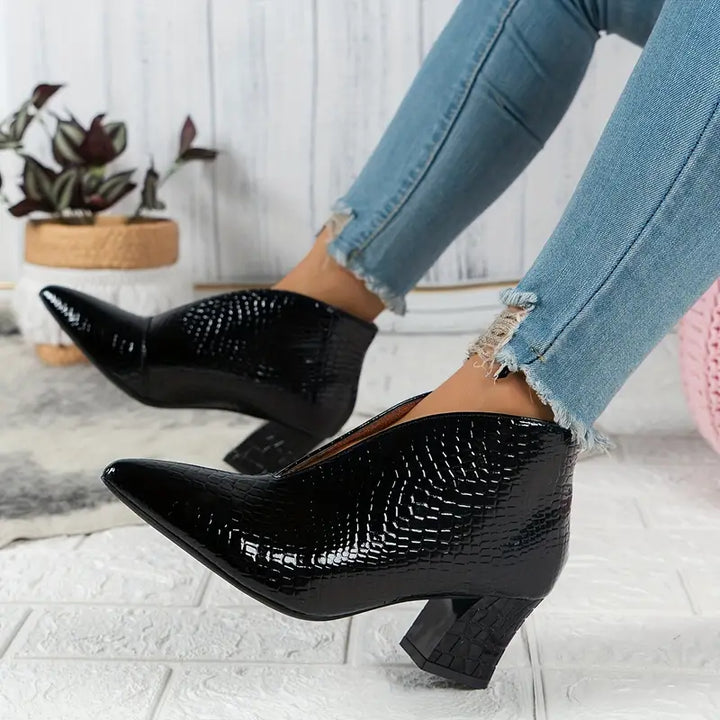 Luz | Women's Textured Ankle Boots with Curved Cut and Mid Block Heel