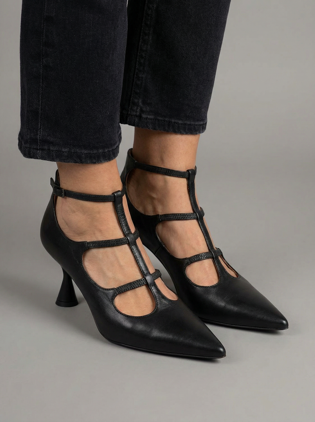 Rhonda | Classic Black Ankle Strap Court Shoes
