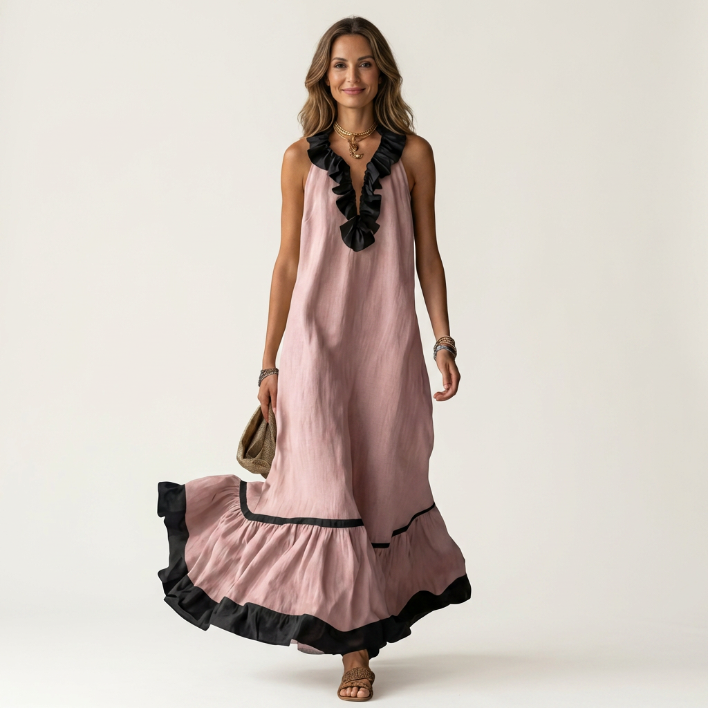 Milena | Sleeveless Maxi Dress with Ruffle Neckline and Contrast Trim
