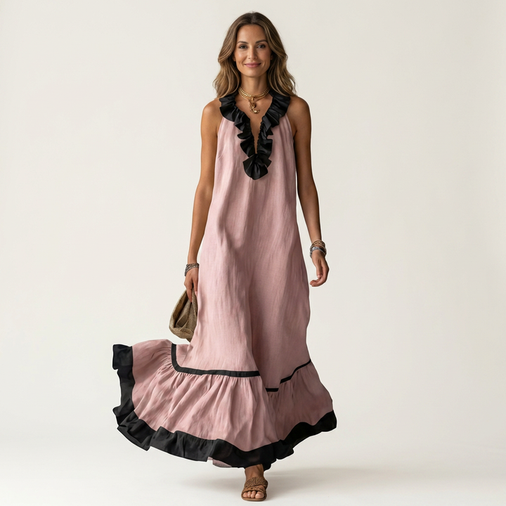 Milena | Sleeveless Maxi Dress with Ruffle Neckline and Contrast Trim