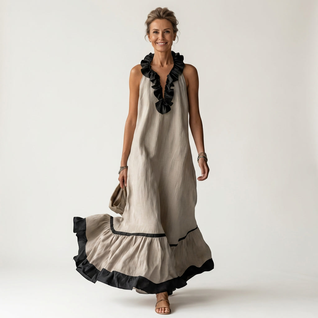 Milena | Sleeveless Maxi Dress with Ruffle Neckline and Contrast Trim