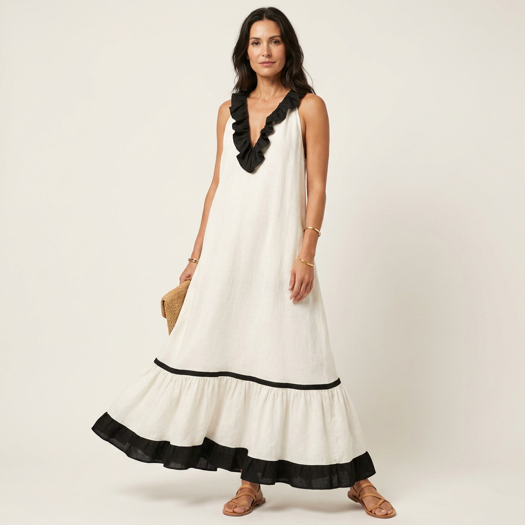 Milena | Sleeveless Maxi Dress with Ruffle Neckline and Contrast Trim