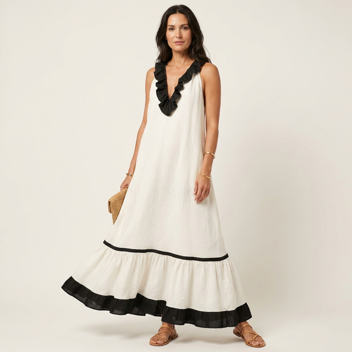 Milena | Sleeveless Maxi Dress with Ruffle Neckline and Contrast Trim