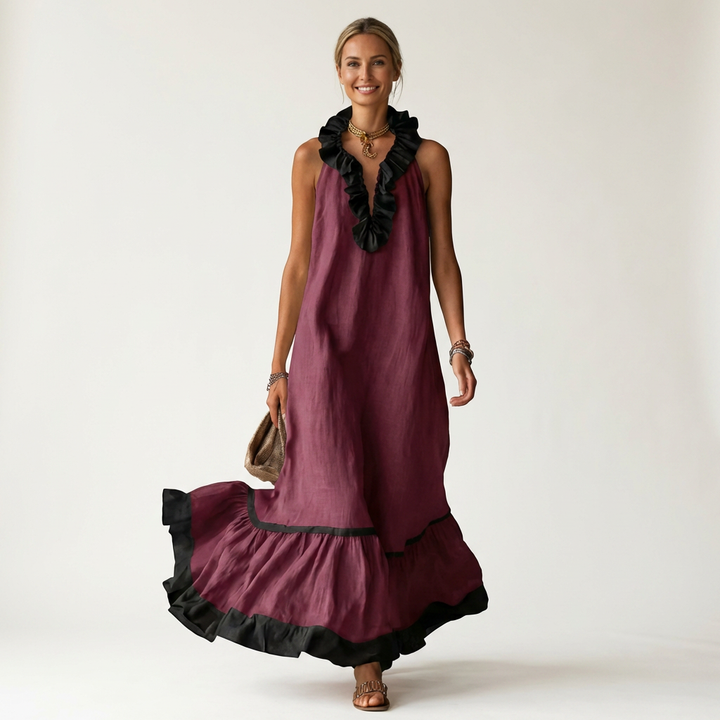 Milena | Sleeveless Maxi Dress with Ruffle Neckline and Contrast Trim