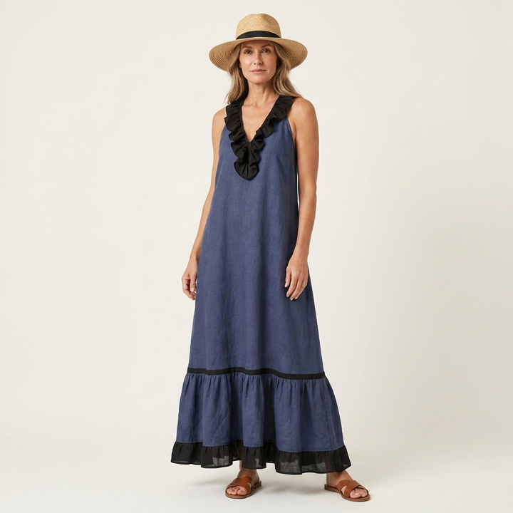 Milena | Sleeveless Maxi Dress with Ruffle Neckline and Contrast Trim