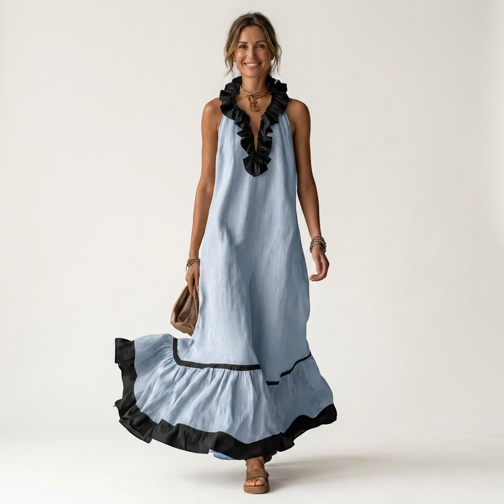 Milena | Sleeveless Maxi Dress with Ruffle Neckline and Contrast Trim