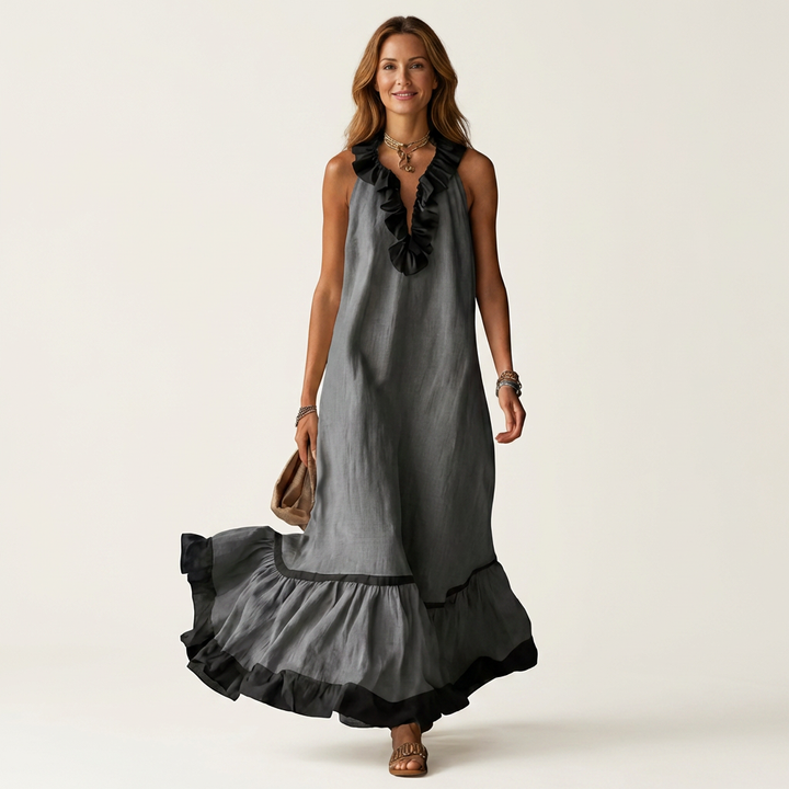 Milena | Sleeveless Maxi Dress with Ruffle Neckline and Contrast Trim