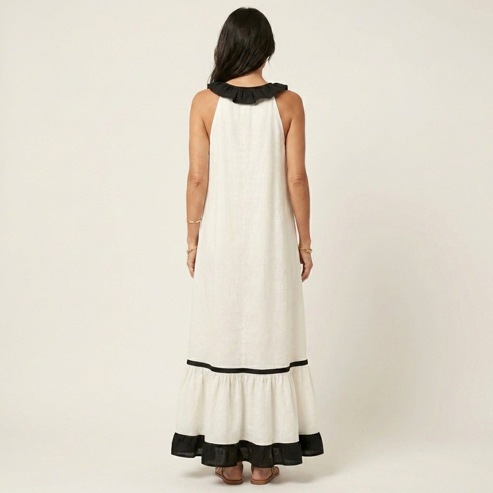 Milena | Sleeveless Maxi Dress with Ruffle Neckline and Contrast Trim