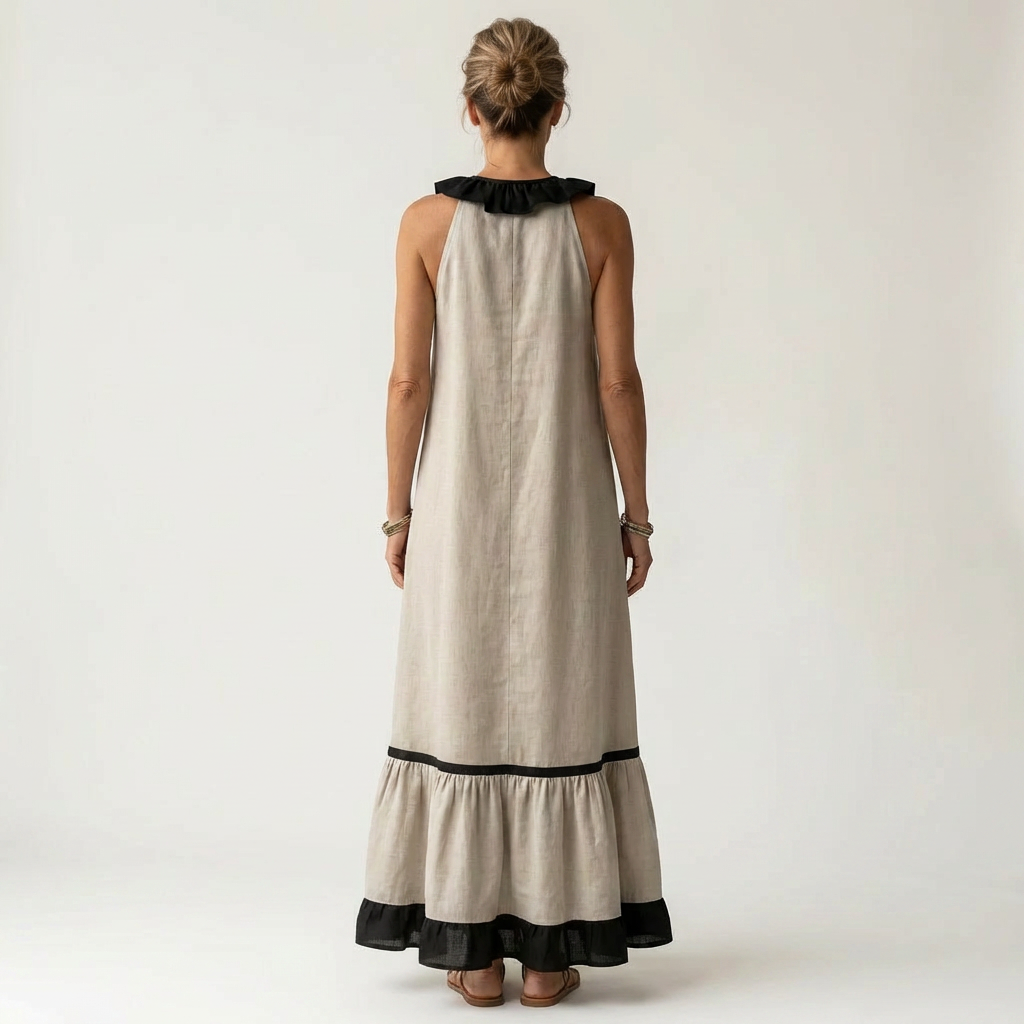 Milena | Sleeveless Maxi Dress with Ruffle Neckline and Contrast Trim