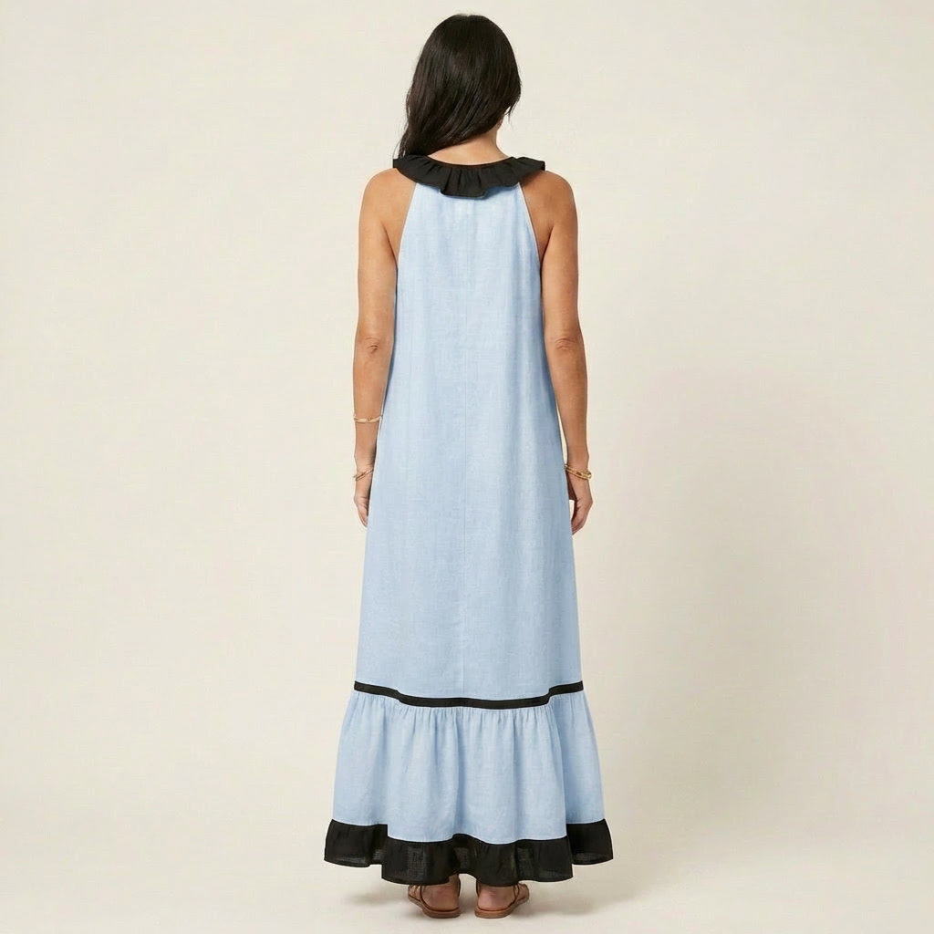 Milena | Sleeveless Maxi Dress with Ruffle Neckline and Contrast Trim