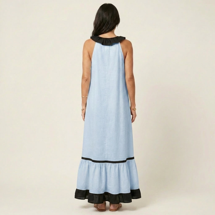 Milena | Sleeveless Maxi Dress with Ruffle Neckline and Contrast Trim