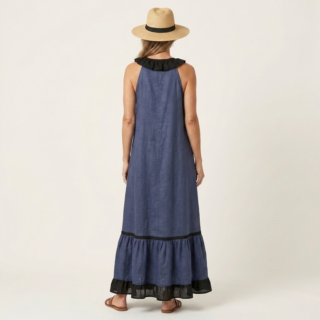 Milena | Sleeveless Maxi Dress with Ruffle Neckline and Contrast Trim