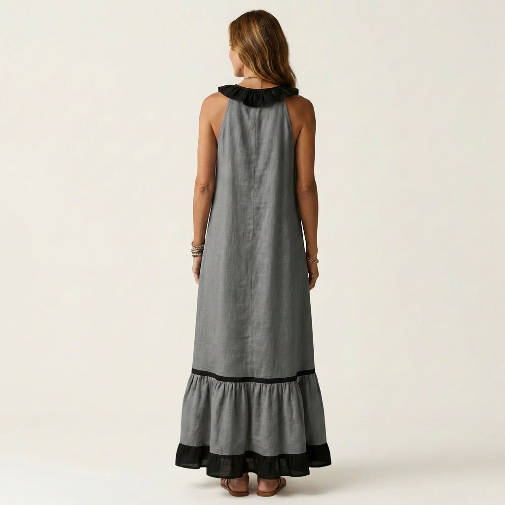 Milena | Sleeveless Maxi Dress with Ruffle Neckline and Contrast Trim