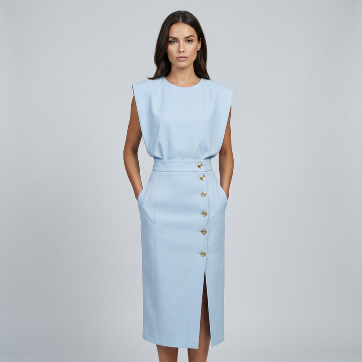 Briar | Elegant Round Neck Midi Dress with Slit