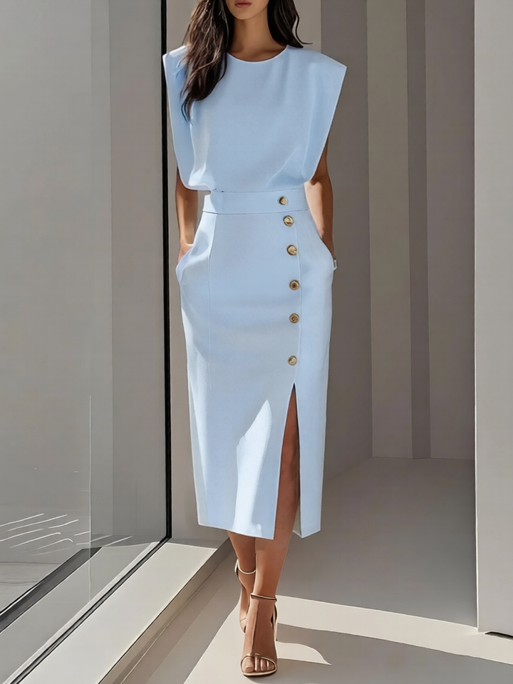 Briar | Elegant Round Neck Midi Dress with Slit