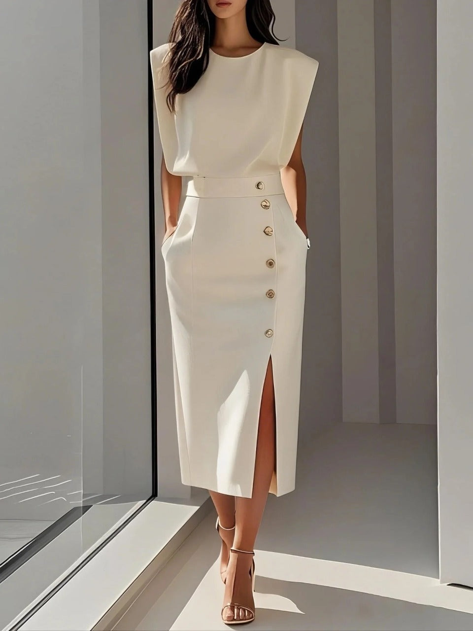 Briar | Elegant Round Neck Midi Dress with Slit