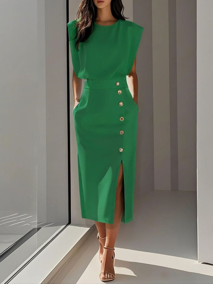 Briar | Elegant Round Neck Midi Dress with Slit