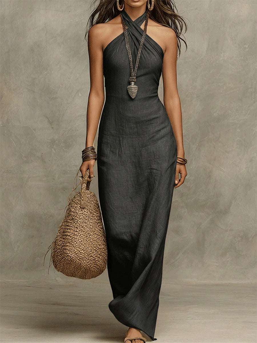 Adelina | Voluminous Long Dress in Cotton and Linen, American Collar