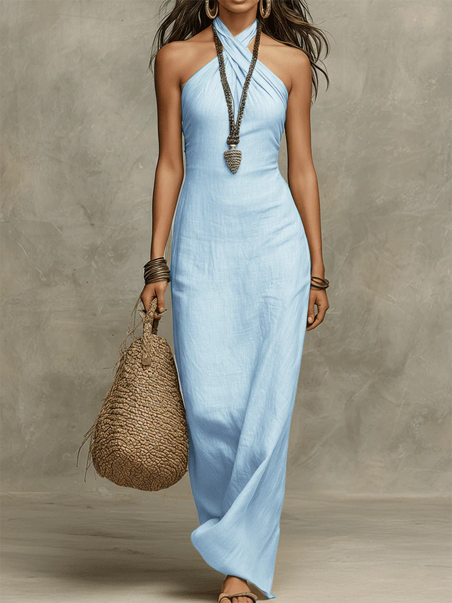 Adelina | Voluminous Long Dress in Cotton and Linen, American Collar