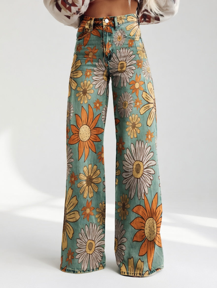 Dimity | Vintage Floral Print Wide Leg Retro Pants