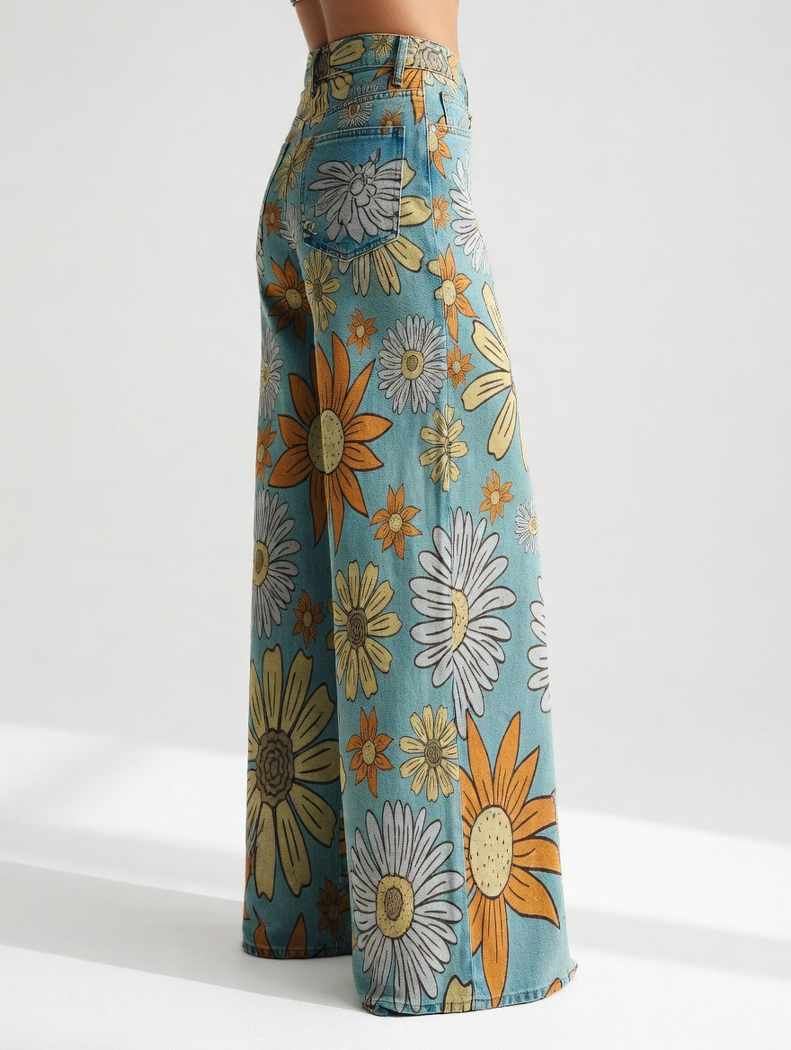 Dimity | Vintage Floral Print Wide Leg Retro Pants