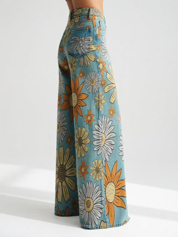 Dimity | Vintage Floral Print Wide Leg Retro Pants