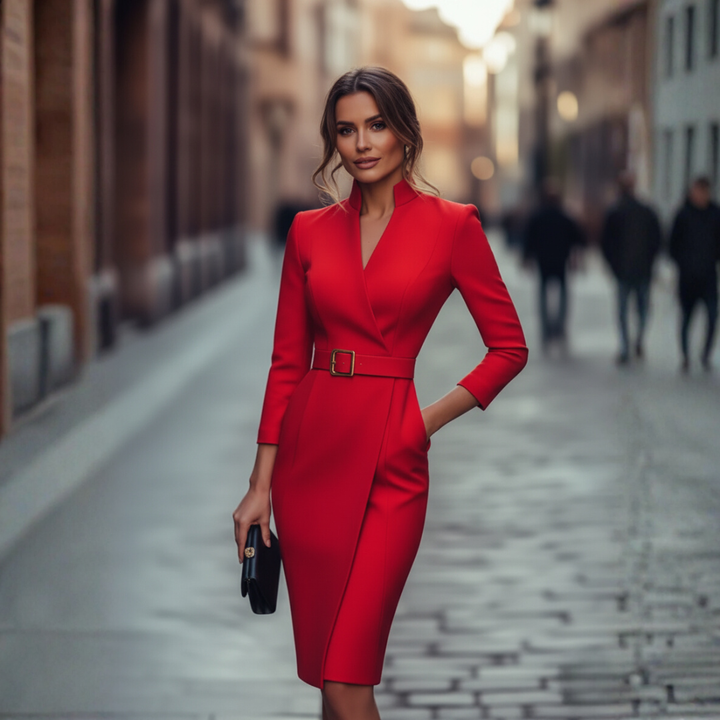 Tess | Sheath Midi Dress with V-Neck and Belt