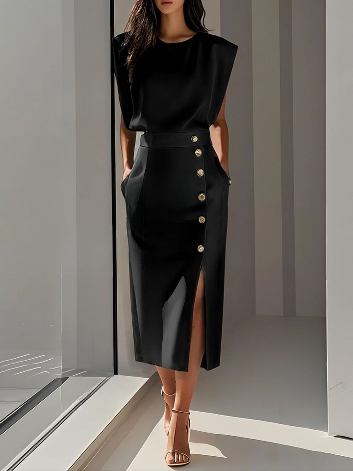 Briar | Elegant Round Neck Midi Dress with Slit