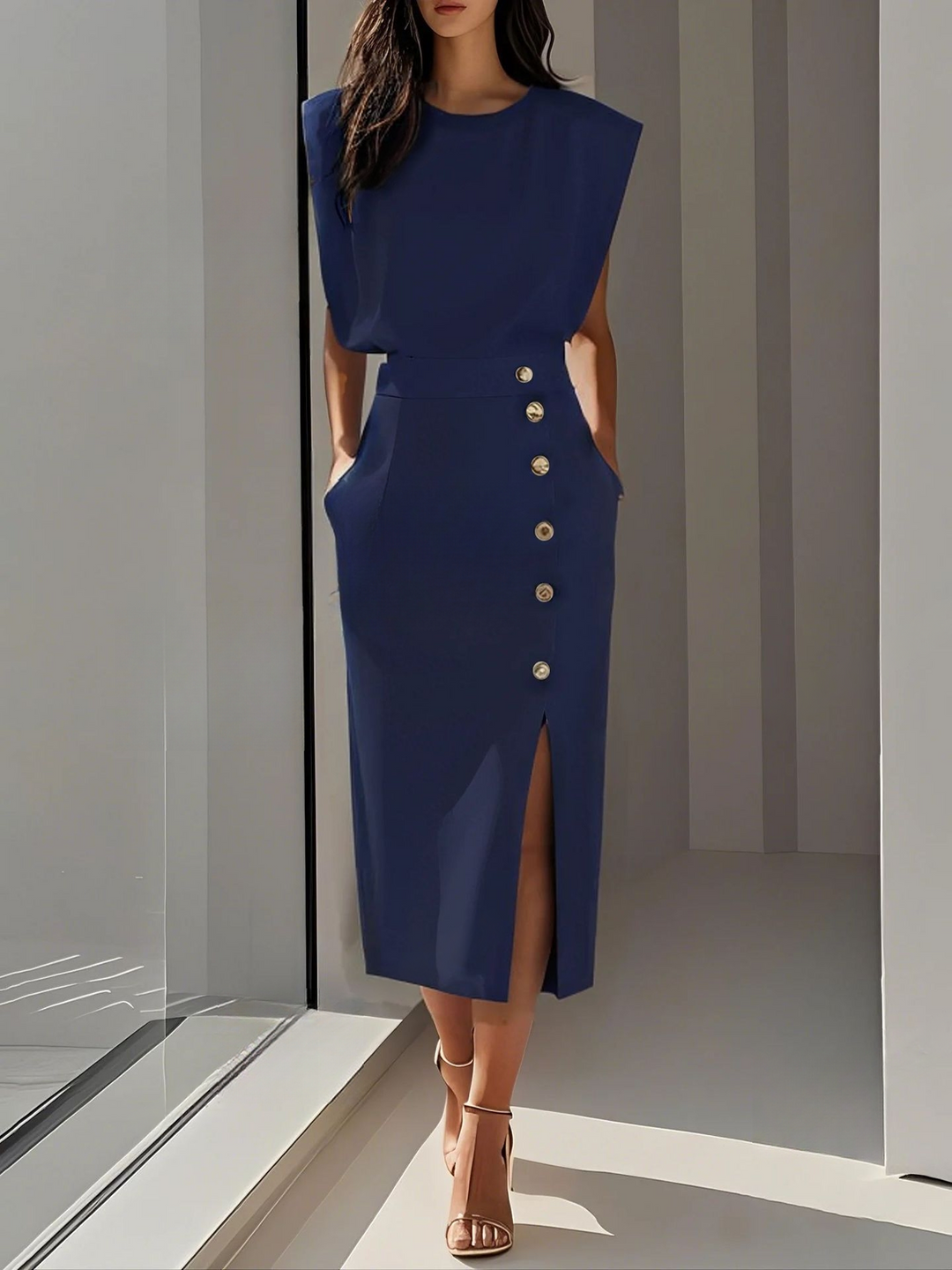 Briar | Elegant Round Neck Midi Dress with Slit